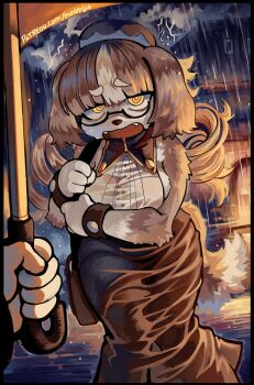 1girl 1other @_@ black-framed_eyewear blunt_bangs breasts brown_eyes brown_hair commentary dog_girl english_commentary fangs furry furry_female holding holding_umbrella large_breasts long_hair looking_at_viewer mogy64 open_mouth original rain round_eyewear semi-rimless_eyewear umbrella under-rim_eyewear watermark web_address white_hair