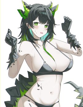 1girl :d absurdres arknights bare_shoulders black_choker black_hair blue_hair blush breasts choker cleavage collarbone commentary_request green_eyes green_hair hair_between_breasts hands_up highres horns large_breasts looking_at_viewer material_growth mon3tr_(arknights) multicolored_hair navel open_mouth oripathy_lesion_(arknights) simple_background smile solo spam_(spamham4506) sweat tail two-tone_hair white_background
