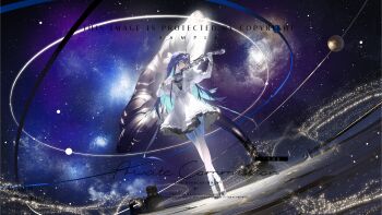 1girl absurdres artist_request black_hairband black_shoes blonde_hair blue_hair bow_(music) closed_eyes closed_mouth colored_inner_hair commission crossed_ankles dress full_body gloves gradient_hair hair_intakes hairband hands_up highres holding holding_bow_(music) holding_instrument holding_violin instrument juliet_sleeves light_particles long_hair long_sleeves multicolored_hair music nebula orbital_path planet playing_instrument puffy_sleeves reverse:1999 second-party_source shoes short_dress socks solo space standing star_(sky) starry_skin starry_sky_background very_long_hair violin voyager_(reverse:1999) watermark white_dress white_gloves white_socks wide_shot