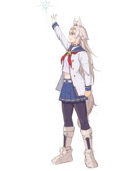 Rule 34 | 1girl, absurdres, ahoge, animal ears, arm up, belt, black pantyhose, blue eyes, blue sailor collar, blue skirt, blush, boots, breasts, brooch, closed mouth, ear ornament, full body, grey hair, grey tail, hair between eyes, hairband, highres, horse ears, horse girl, horse tail, jacket, jewelry, long hair, long sleeves, midriff, multicolored hair, navel, neckerchief, oguri cap (starlight beat) (umamusume), oguri cap (umamusume), pantyhose, pleated skirt, reaching, red neckerchief, row (kentaro 0904), sailor collar, shirt, simple background, skirt, smile, solo, star (symbol), star brooch, tail, umamusume, white background, white belt, white boots, white jacket, white shirt