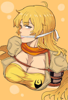 1girl absurdres bdsm blonde_hair bondage bound bound_arms breasts cleavage cleave_gag cloth_gag gag gagged highres improvised_gag long_hair medium_breasts orange_scarf purple_eyes restrained rwby scarf shibari smile wei_suo_biao_shu yang_xiao_long
