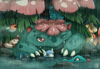 animal_focus azurill bright_pupils claws commentary deino_(pokemon) dratini english_commentary fangs fletchling funkiestfrog furret gen_1_pokemon gen_2_pokemon gen_3_pokemon gen_5_pokemon gen_6_pokemon mega_pokemon mega_venusaur nintendo no_humans numel pokemon pokemon_(creature) poliwag pond rain red_eyes ripples rock shielding_another_from_rain signature totodile venusaur wet white_pupils