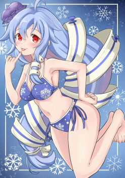 1girl absurdres ahoge barefoot bikini blue_background blue_bikini blue_hair commission hair_ribbon hat highres long_hair mini_hat navel pixiv_commission pointing pointing_at_self red_eyes ribbon riverbed_soul_saver ruri_(riverbed_soul_saver) side-tie_bikini_bottom snowflake_background snowflake_print solo swimsuit tongue tongue_out touhou very_long_hair yuuka_(a0240765)