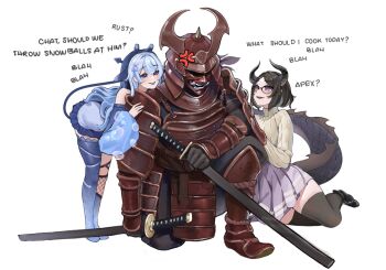 1boy 2girls anger_vein armor asymmetrical_legwear black_footwear black_hair blue_eyes blue_hair blue_thighhighs calm_sushi_roll commission dragon_girl dragon_horns dragon_tail dual_wielding english_text fake_horns fishnets full_armor glasses gloves gradient_thighhighs hair_ornament hairpin helmet highres holding horned_helmet horns indie_virtual_youtuber japanese_armor kabuto_(helmet) katana loyally_bear manta_ray_girl multicolored_hair multiple_girls pleated_skirt purple_eyes purple_skirt rei_stingray ribbed_sweater samurai skirt sweater sword tail thighhighs two-tone_hair virtual_youtuber weapon yellow_sweater yoshiii