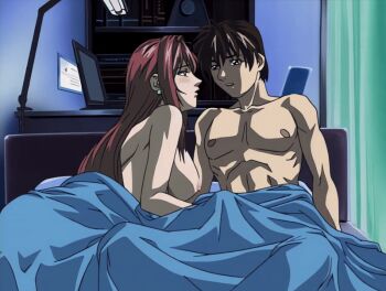 00s 1boy 1girl 2002 abs age_difference animated animated_gif anime_screenshot bed bed_sheet bible_black bible_black_night_of_the_walpulgiss blush breasts brown_hair computer curtains earrings handjob hetero jewelry laptop large_breasts long_hair mature_female minase_taki muscular muscular_male naked_sheet nipples nude older_female_and_younger_male pectorals penis red_hair short_hair takashiro_hiroko teacher teacher_and_student uncensored under_covers