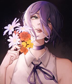 1girl chainsaw_man choker flower green_eyes grenade_pin hair_between_eyes highres looking_at_viewer neck_ribbon nivactrov1 orange_flower parted_lips purple_choker purple_hair purple_ribbon reze_(chainsaw_man) ribbon shirt sleeveless sleeveless_shirt solo white_flower white_shirt