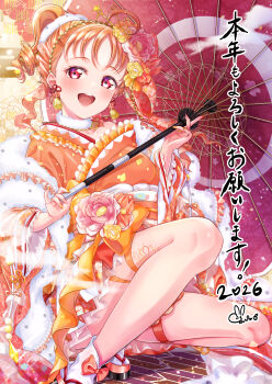 1girl 2026 absurdres ahoge alternate_costume alternate_hairstyle commentary_request earrings flower highres holding holding_umbrella iroenpitsu_xxx japanese_clothes jewelry kimono love_live! love_live!_sunshine!! oil-paper_umbrella open_mouth orange_eyes orange_hair orange_kimono platform_sandals red_umbrella sandals short_hair solo squatting tabi takami_chika teeth translated umbrella upper_teeth_only