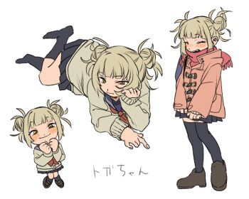 1girl black_shoes black_skirt black_socks black_thighhighs blonde_hair blue_sailor_collar blunt_bangs blush boku_no_hero_academia closed_eyes coat double_bun full_body grey_sweater hair_bun head_on_hand highres lying medium_hair messy_hair multiple_views neckerchief nununanu on_stomach open_mouth own_hands_together pink_coat pleated_skirt red_neckerchief red_scarf sailor_collar scarf shoes skirt smile socks solo standing sweater thighhighs toga_himiko white_background yellow_eyes