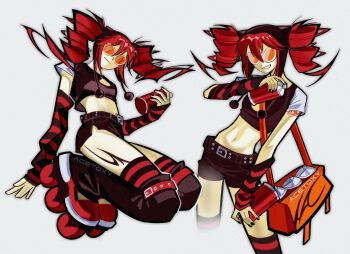 1girl acet0xy alternate_costume animal_hat arm_tattoo arm_warmers artist_name beanie belt black_arm_warmers black_belt black_leg_warmers black_nails black_shirt black_shorts black_thighhighs cat_hat cowboy_shot crop_top crossbody_bag cyber_sigilism denim denim_shorts drill_hair earflap_beanie food_print fruit_print full_body hair_between_eyes hat highres holding holding_spray_can jet_set_radio kasane_teto leg_belt leg_tattoo leg_warmers looking_at_viewer looking_to_the_side midriff multiple_views nail_polish navel number_tattoo orange-tinted_eyewear orange_bag pear_print red_arm_warmers red_hair red_shoes red_thighhighs roller_skates shirt shoes short_shorts short_sleeves shorts simple_background skates smile solo spray_can squatting striped_arm_warmers striped_clothes striped_thighhighs tattoo thighhighs tinted_eyewear twin_drills utau white-framed_eyewear white_background white_sleeves y2k_fashion