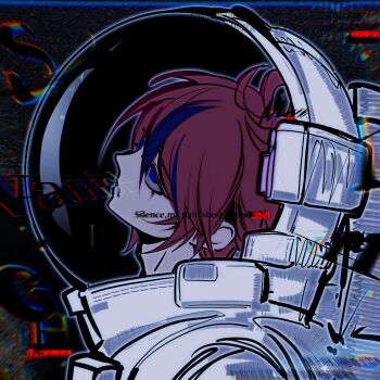 1boy ahoge black_streaks blue_eyes chinese_commentary chromatic_aberration commentary_request from_side helmet highres jacket jiangxing427 looking_up male_focus multicolored_hair red_hair short_hair solo space_helmet spacesuit streaked_hair sumino_takumi the_hundred_line_-last_defense_academy- upper_body