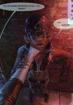 2boys absurdres black_shirt black_shorts bulge commission crop_top dark-skinned_male dark_skin delirium_(artist) english_text eye_mask highres looking_at_viewer male_focus mask masochism multiple_boys original outdoors pov pov_hands shirt shorts shota strangling very_dark_skin yaoi