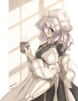 Rule 34 | 1girl, apron, blue dress, blue eyes, blue hair, cup, dress, hashtag-only commentary, highres, holding, holding cup, koyane (silver81106), letty whiterock, looking at viewer, looking to the side, medium hair, mug, shadow, shirt, sleeveless, sleeveless dress, solo, sunlight, touhou, waist apron, white apron, white shirt