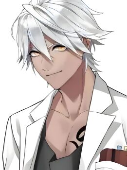 1boy absurdres artist_request black_shirt dc_(onegai_patron-sama) grey_hair highres jacket looking_at_viewer male_focus onegai_patron-sama shirt source_request tattoo upper_body white_jacket yellow_eyes
