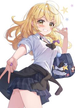 1girl absurdres bag bag_charm black_bow black_bowtie black_skirt black_sweater blonde_hair blue_bag blush bow bowtie braid breasts character_charm charm_(object) clothes_around_waist collared_shirt commentary_request cowboy_shot double_v earrings from_side grin gyaru gyaru_v hair_bow hakurei_reimu highres jewelry kirisame_marisa long_hair looking_at_viewer loose_bowtie medium_breasts nail_polish open_mouth plaid_clothes plaid_skirt pleated_skirt purple_bow purple_nails school_bag school_uniform shirt short_sleeves side_braid simple_background skirt smile solo standing star_(symbol) star_earrings sweater sweater_around_waist touhou twisted_torso v wheat_retzel white_background white_shirt yellow_eyes