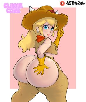 absurdres ass ass_cutout blonde_hair blue_eyes chaps clothing_cutout cowboy_hat cowgirl_peach cuddlecore earrings hand_on_own_ass hat highres huge_ass jewelry lipstick makeup mario_(series) nintendo pink_background ponytail princess_peach princess_peach:_showtime! revealing_clothes thick_thighs thighs
