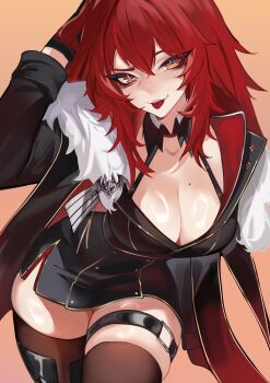 1girl absurdres arm_up black_boots black_dress black_gloves black_jacket black_thighhighs boots breasts cleavage closed_mouth commentary dress english_commentary fur-trimmed_jacket fur_trim gloves hat highres indie_virtual_youtuber jacket large_breasts looking_at_viewer military_hat military_jacket military_uniform mole mole_on_breast o-ring o-ring_thigh_strap red_hair smile solo suliavtuber thigh_strap thighhighs tongue tongue_out virtual_youtuber yellow_eyes zentreya zentreya_(commander)