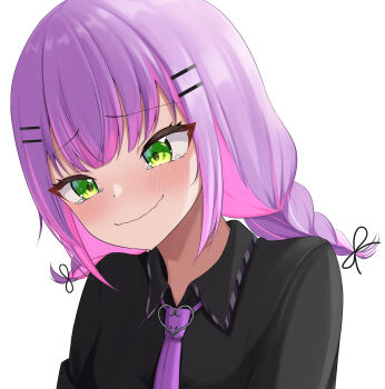 1girl absurdres black_shirt blush braid closed_mouth commentary_request green_eyes hair_ornament hairclip highres hololive medium_hair multicolored_hair necktie official_alternate_costume official_alternate_hairstyle parallel_hairclips pink_hair purple_hair purple_necktie ramkilog shirt simple_background smile solo stifled_laugh tearing_up tokoyami_towa tokoyami_towa_(underworld_uniform) twin_braids two-tone_hair upper_body virtual_youtuber wavy_mouth white_background