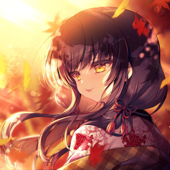 1girl autumn autumn_leaves black_hair closed_mouth commentary_request day floral_print from_behind japanese_clothes kimono leaf long_hair looking_to_the_side maple_leaf original outdoors pink_kimono print_kimono smile solo sunlight suzunone_rena upper_body yellow_eyes