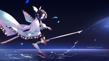 1girl artist_name black_hair black_socks blue_butterfly bug butterfly butterfly_hair_ornament demon_slayer_uniform expressionless faicha full_body hair_ornament haori holding holding_sword holding_weapon insect japanese_clothes katana kimetsu_no_yaiba kochou_shinobu revision sandals sheath sidelocks socks solo sword sword_writing tabi unsheathed water water_world weapon zouri