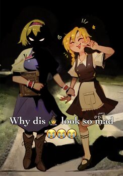 2girls alice_margatroid apron blonde_hair blue_dress blush book boots braid capelet closed_eyes dress emoji fang frills glowing glowing_eyes grimoire grimoire_of_alice grmarsa hairband heart highres holding_another's_wrist kirisame_marisa kneehighs lipstick_mark meme multiple_girls open_mouth shaded_face shoes short_hair single_braid skirt smile socks star_(symbol) touhou v why_dis_ninja_look_so_mad_(meme) yuri