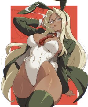 1girl absurdres animal_ear_hairband animal_ears artist_name black_coat black_hairband black_thighhighs blonde_hair blue_eyes blush border breasts cigarette coat commentary cowboy_shot dark-skinned_female dark_skin fake_animal_ears fake_tail film_grain glasses groin hairband hellsing highres integra_hellsing large_breasts leotard lips long_hair long_sleeves looking_at_viewer mole mole_under_mouth necktie open_clothes open_coat outside_border playboy_bunny rabbit_ear_hairband rabbit_ears rabbit_tail red_background red_necktie ring_light_reflection smoke smoking solo strapless strapless_leotard tail thick_thighs thighhighs thighs very_long_hair vizaz white_border white_leotard