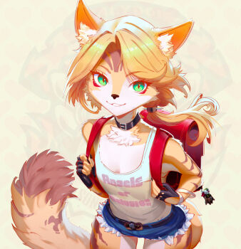 1girl aged_down alipse animal_ears animal_nose backpack bag black_choker black_gloves black_nails blonde_hair breasts cat_ears cat_girl cat_tail choker cleavage denim denim_shorts dukeoftorpedoes fingerless_gloves fingernails furry furry_female gloves green_eyes long_hair looking_at_viewer pulchra_fellini randoseru red_bag sharp_fingernails shirt shorts sleeveless sleeveless_shirt smile solo tail yellow_fur zenless_zone_zero