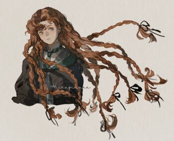 Rule 34 | 1girl, black ribbon, black robe, blue eyes, braid, braided ponytail, collared shirt, floating hair, green necktie, grey vest, gynger edventray (hiiragimare), hair ribbon, highres, hiiragimare, hogwarts legacy, hogwarts school uniform, hooded robe, long hair, looking to the side, necktie, original, red hair, ribbon, robe, school uniform, shirt, simple background, slytherin, solo, upper body, vest, white background, white shirt, wizarding world