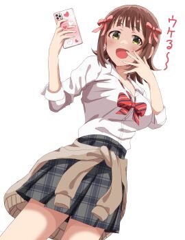 1girl absurdres amami_haruka artist_request brown_cardigan brown_hair cardigan cardigan_around_waist clothes_around_waist collared_shirt dress_shirt green_eyes grey_skirt highres holding holding_phone idolmaster idolmaster_(classic) long_sleeves looking_at_viewer md5_mismatch open_mouth phone plaid_clothes plaid_skirt pleated_skirt resolution_mismatch school_uniform shirt short_hair skirt smile solo source_smaller white_shirt