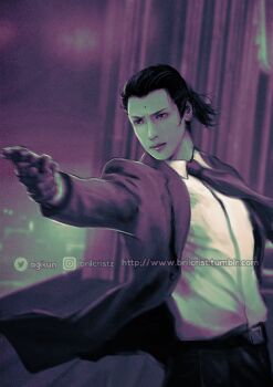 1boy bindi black_hair blurry blurry_background brilcrist collared_shirt cowboy_shot crisis_core:_final_fantasy_vii final_fantasy final_fantasy_vii gun hair_pulled_back handgun holding holding_gun holding_weapon instagram_username jacket long_sleeves male_focus medium_hair monochrome necktie open_clothes open_jacket aiming ponytail serious shirt solo square_enix suit_jacket tseng tumblr_username turks_(ff7) twitter_username weapon white_shirt