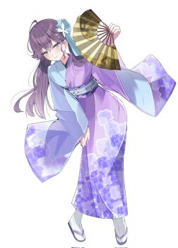 1girl ahoge blue_eyes blue_kimono blush breasts butterfly_hair_ornament closed_mouth commentary_request ear_piercing fingernails floral_print floral_print_kimono floral_print_sash full_body furisode gakuen_idolmaster gaohuang43450 hair_ornament hand_fan hand_on_own_leg hand_up highres idolmaster japanese_clothes kaya_rinha kimono leaning_forward long_hair long_sleeves looking_at_viewer mole mole_on_neck obi obiage obijime piercing print_kimono print_sash purple_hair purple_kimono purple_nails sandals sash simple_background small_breasts smile socks solo standing twintails white_background white_socks wide_sleeves zouri