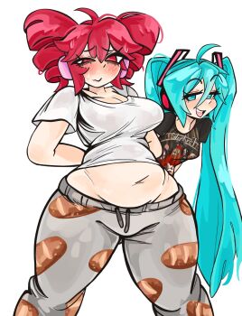 2girls :3 ahoge alternate_costume band_shirt belly black_shirt blush bread_print breasts closed_mouth commentary cowboy_shot drill_hair english_commentary grey_pants grey_shirt hatsune_miku headphones highres kasane_teto kecchi0 long_hair medium_breasts merchandise multiple_girls navel open_mouth pants plump red_eyes red_hair shirt short_hair short_sleeves simple_background slipknot smile sweatpants twin_drills twintails utau vocaloid white_background