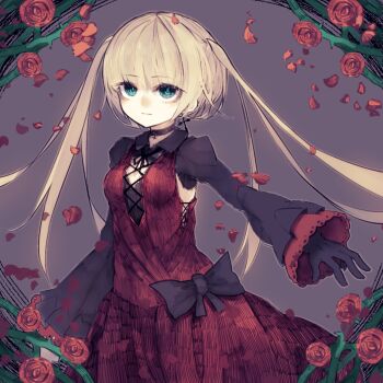 1girl arm_at_side bell_sleeves black_bow black_gloves black_sleeves blonde_hair bow breasts choker cleavage_cutout closed_mouth clothing_cutout commentary cross-laced_clothes detached_sleeves dress falling_petals floating_hair flower frilled_cuffs frilled_sleeves frills gloves gothic_lolita gradient_eyes green_eyes hatching lolita_fashion long_eyelashes long_hair long_sleeves looking_at_viewer multicolored_eyes original pale_skin petals portrait purple_background red_dress ribbon_choker riuichi rose rose_petals serious sidelocks simple_background sleeveless sleeveless_dress small_breasts solo straight_hair thorns twintails upper_body waist_bow