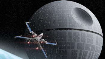 3d benkenobi commentary death_star droid energy_cannon english_commentary galactic_empire_(star_wars) highres in_orbit no_humans planet rebel_alliance_(star_wars) robot scene_reference science_fiction space space_habitat space_station spacecraft star_(sky) star_wars star_wars:_a_new_hope starfighter t-65_x-wing thrusters x-wing zero_gravity