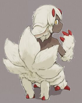 1girl absurdres all_fours commentary dark-skinned_female dark_skin extra_arms extra_tails faputa frojiros from_behind full_body hashtag-only_commentary highres horns looking_back made_in_abyss red_horns solo topless_female very_dark_skin white_fur white_hair yellow_eyes