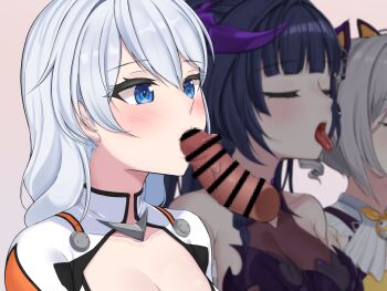 1boy 3girls :d bar_censor bare_shoulders blue_eyes blush bodysuit bow breasts bronya_zaychik bronya_zaychik_(yamabuki_armor) censored cleavage cleavage_cutout closed_eyes clothing_cutout commentary_request disembodied_penis drill_hair fake_horns fellatio grey_hair hair_bow halloween_costume homu_(honkai_impact) honkai_(series) honkai_impact_3rd horns hyunjjing kiana_kaslana kiana_kaslana_(white_comet) leotard long_hair mosaic_censoring multiple_girls open_mouth oral oral_invitation penis ponytail purple_hair purple_leotard raiden_mei raiden_mei_(eventide_phantom) raiden_mei_(lightning_empress) smile tongue tongue_out twin_drills upper_body very_long_hair white_bodysuit white_hair yellow_bow yellow_leotard