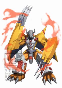 Rule 34 | 1boy, armor, bakeneko38, claw (weapon), colored skin, commission, digimon, digimon (creature), dragon, fire, full body, green eyes, highres, male focus, orange scales, orange skin, red hair, short hair, shoulder armor, simple background, skeb commission, solo, wargreymon, weapon, white background, yellow armor