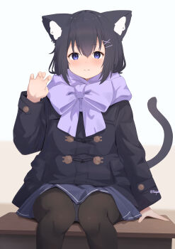 1girl absurdres animal_ears black_coat black_hair black_pantyhose blue_eyes blue_skirt blush bow cat_ears cat_girl cat_tail claw_pose closed_mouth coat commentary_request hair_ornament hairclip hand_up highres hinata_(user_rjkt4745) looking_at_viewer original panties panties_under_pantyhose pantyhose purple_scarf scarf scarf_bow short_hair sitting skirt smile solo tail underwear x_hair_ornament
