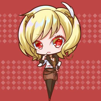 Rule 34 | 1girl, black pantyhose, blonde hair, brown dress, chibi, citrinne (fire emblem), dress, earrings, fire emblem, fire emblem engage, fur trim, griffonmask11, hair ornament, highres, jacket, jewelry, nintendo, pantyhose, red eyes, white jacket
