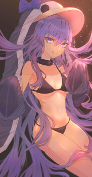 1girl animal_hood bikini black_bikini black_collar blue_jacket breasts choppy_bangs closed_mouth collar commentary_request cowboy_shot fate/grand_order fate_(series) hair_between_eyes highres hood hood_up hooded_jacket jacket jacket_partially_removed long_hair long_sleeves looking_at_viewer medium_breasts meltryllis meltryllis_(fate) meltryllis_(swimsuit_lancer)_(fate) meltryllis_(swimsuit_lancer)_(first_ascension)_(fate) oro_(lsg0624) penguin_hood purple_eyes purple_hair sleeves_past_fingers sleeves_past_wrists smile solo swimsuit tongue tongue_out very_long_hair