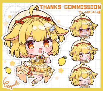 Rule 34 | 1girl, :3, :d, ahoge, animal ears, bare shoulders, blonde hair, blush stickers, border, bow, bowtie, character request, chibi, chibi only, closed eyes, closed mouth, commentary, commission, copyright request, detached sleeves, dot nose, double-parted bangs, dress, egissi, food, fruit, full body, gloves, grid background, hair bow, hand up, hat, highres, lemon, looking at viewer, open mouth, orange eyes, outline, outside border, red bow, red bowtie, shoes, short hair, short sleeves, signature, skeb commission, smile, striped bow, striped bowtie, striped clothes, thick eyebrows, watermark, white background, white gloves, white hat, white outline, yellow border, yellow dress, yellow shoes, yellow sleeves