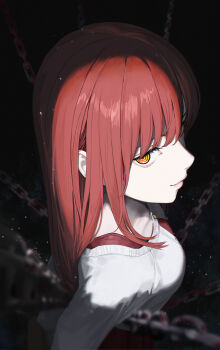 1girl absurdres alternate_costume arms_behind_back breasts chain chainsaw_man closed_mouth commentary_request dark_background from_above highres long_hair looking_at_viewer makima_(chainsaw_man) medium_breasts red_hair revision ringed_eyes shirt smile solo tooku0 white_shirt