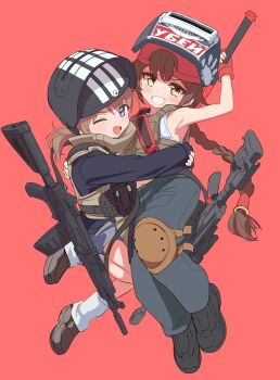 2girls absurdres akm assault_rifle bare_shoulders brown_hair bypos escape_from_tarkov gun gun_on_back gun_sling hammer highres holding holding_hammer kalashnikov_rifle killa_(escape_from_tarkov) knee_pads light_machine_gun long_hair looking_at_viewer machine_gun multiple_girls one_eye_closed purple_eyes red_background rifle rpk-16 siblings simple_background tagilla_(escape_from_tarkov) thighs twins weapon weapon_on_back yellow_eyes