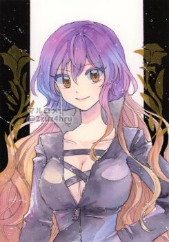 Rule 34 | 1girl, 2zuz4hru, biker clothes, bikesuit, black bodysuit, bodysuit, breasts, brown eyes, brown hair, center opening, cleavage, closed mouth, collarbone, commentary request, cross-laced clothes, gradient hair, happy, highres, hijiri byakuren, large breasts, latex, latex bodysuit, long sleeves, multicolored hair, official alternate costume, painting (medium), partially unzipped, purple hair, smile, solo, touhou, traditional media, turbo byakuren, watercolor (medium), zipper