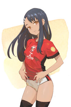1girl black_hair black_thighhighs breasts brown_eyes buruma commentary_request earclip ijiranaide_nagatoro-san jersey long_hair looking_at_viewer mitsubishi_motors nagatoro_hayase parted_lips small_breasts soccer_uniform solo sponsor sportswear tan thighhighs urawa_red_diamonds white_background white_buruma yugen99