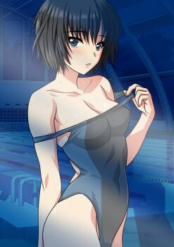 1girl absurdres amagami back_cutout bare_shoulders black_eyes black_hair black_one-piece_swimsuit blue_one-piece_swimsuit blush breasts cleavage clothes_pull clothing_cutout collarbone commentary_request competition_swimsuit covered_navel cowboy_shot highleg highleg_one-piece_swimsuit highres indoors medium_breasts nanasaki_ai night one-piece_swimsuit one-piece_swimsuit_pull parted_lips pool poolside pulling_own_clothes short_hair sky solo swimsuit two-tone_one-piece_swimsuit water window yuuyuu_(3jjbn)