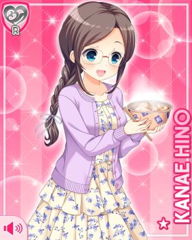 1girl :d blue_eyes bowl braid brown_hair card_(medium) cardigan character_name chopsticks dress floral_print floral_print_dress food girlfriend_(kari) glasses hair_ribbon hino_kanae holding holding_bowl holding_chopsticks oden official_art open_mouth pink_background print_dress purple_cardigan qp:flapper ribbon smile solo white_ribbon yellow_dress