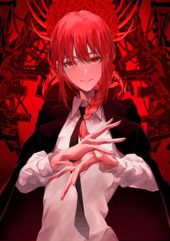 Rule 34 | 1girl, absurdres, acf creator, black necktie, braid, braided ponytail, business suit, chainsaw man, collared shirt, commentary, formal clothes, gun, gun devil (chainsaw man), highres, long hair, makima (chainsaw man), necktie, red hair, red theme, ringed eyes, shirt, sidelocks, suit, weapon, white shirt