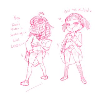 2girls absurdres anya_(spy_x_family) ass becky_blackbell blush clothes_lift dress dress_lift english_text flashing grin hairpods heart highres lifting_own_clothes loli looking_at_viewer monochrome multiple_girls oversleepergirl panties shoes sketch smile socks spy_x_family standing teasing twintails underwear white_background