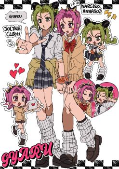 2girls :o alternate_costume arrow_(symbol) bag black_border black_hair black_outline black_socks blush border braid brown_shoes bun_with_braided_base character_name checkered_background chibi chibi_inset collared_shirt cone_hair_bun dress_shirt dress_shoes english_text flat_chest fu_r_y full_body genderswap genderswap_(mtf) green_hair green_lips hair_bun heart highres holding holding_bag holding_letter jojo_no_kimyou_na_bouken knees_together_feet_apart kuujou_jolyne leg_warmers letter lightning_bolt_symbol looking_at_another looking_at_viewer love_letter matching_outfits medium_hair multicolored_hair multiple_girls narciso_anasui neck_ribbon necktie orange_sweater outline outside_border pink_hair plaid_clothes plaid_skirt ribbon scrunchie shirt shoes skirt sleeves_rolled_up socks speech_bubble spiked_headband sticker stone_ocean striped_necktie sweater tied_sweater two-tone_hair white_leg_warmers white_outline white_shirt wing_collar wrist_scrunchie yuri