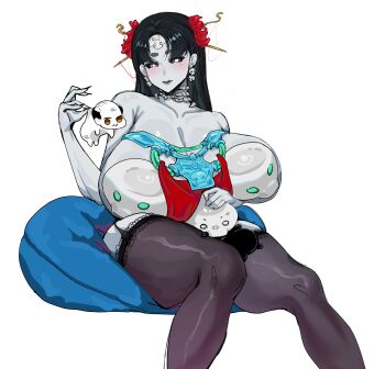 1girl absurdres bare_shoulders black_hair black_sclera black_thighhighs blush breasts choker cleavage colored_sclera colored_skin creature earrings extra_eyes flower gigantic_breasts grey_skin hair_flower hair_ornament highres huge_breasts jewelry long_hair original simple_background sitting solo thighhighs white_background white_eyes yanz2